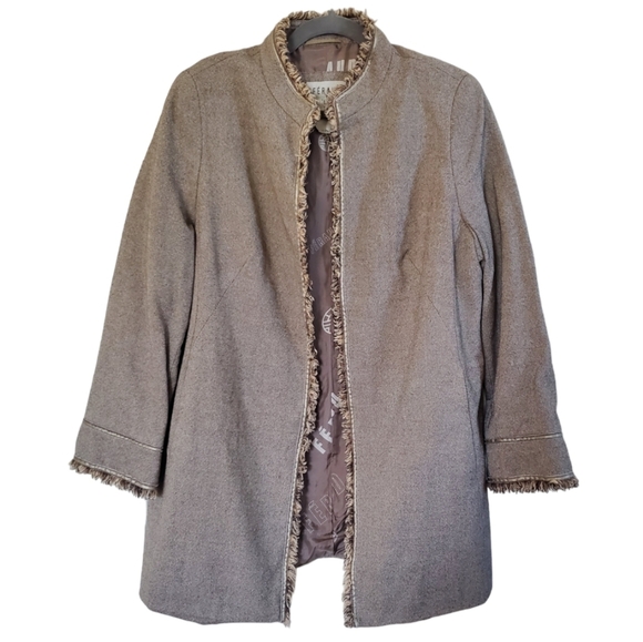 Vintage Feraud Virgin Wool Silk Tweed Brown Long Fringed Blazer Women's Sz Large